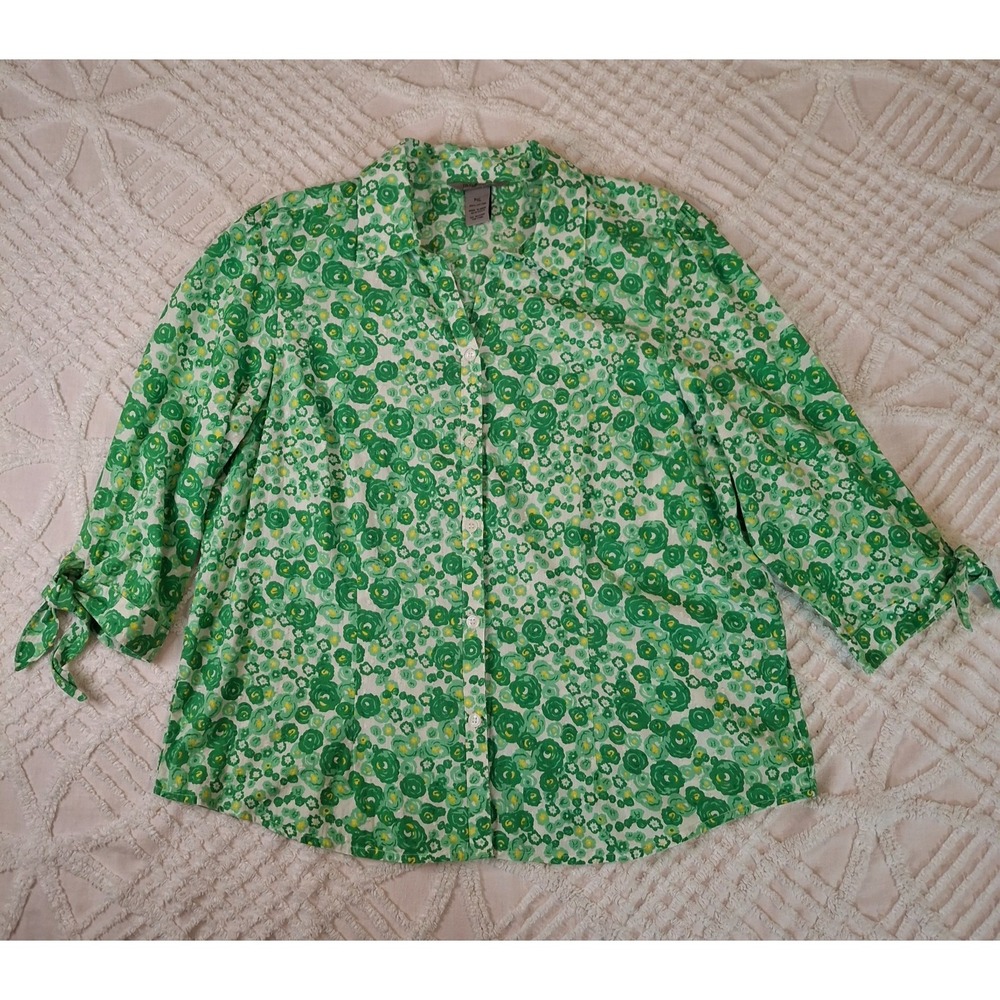 IB Diffusion Womens PXL Button Down Shirt Green White Floral Rose Tie Sleeve